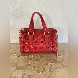 COLE HAAN Red woven detailed leather satchel shoulder bag.